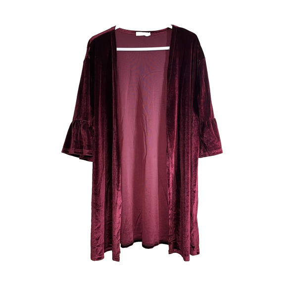 Amaryllis Sweaters - Amaryllis Soft Velvet Velour Open Front Cardigan Wine Maroon Women's Large